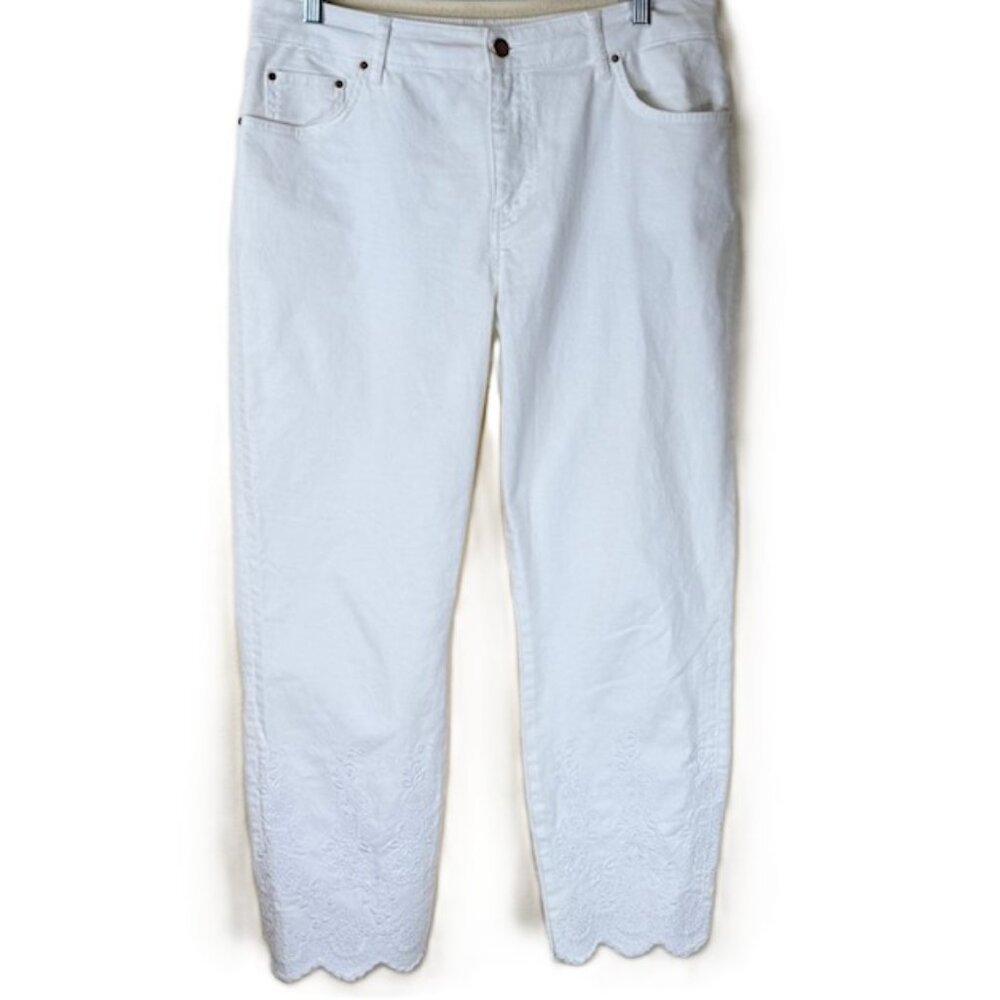 Boden White Jeans US 12R / UK 16R Slim Straight Crop Embroidered Scallop Hem